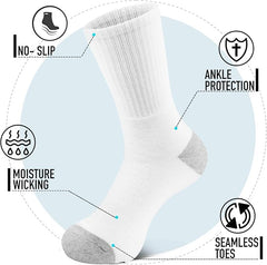 Men's White Crew Socks, White with Grey Heel, Pack of 6, Size 9-12, Ideal for Cricket, Running
