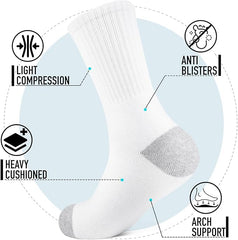 Men's White Crew Socks, White with Grey Heel, Pack of 6, Size 9-12, Ideal for Cricket, Running