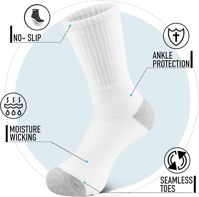 Men's White Crew Socks, White with Grey Heel, Pack of 6, Size 9-12, Ideal for Cricket, Running