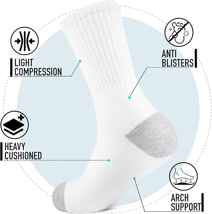 Men's White Crew Socks, White with Grey Heel, Pack of 6, Size 9-12, Ideal for Cricket, Running