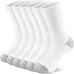 Men's White Crew Socks, White with Grey Heel, Pack of 6, Size 9-12, Ideal for Cricket, Running