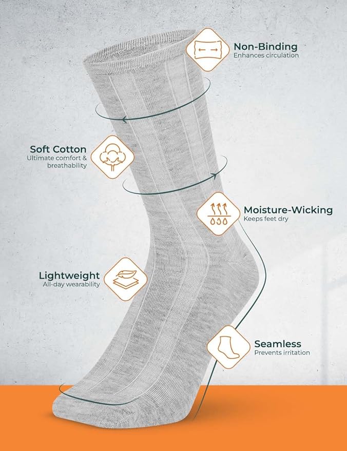 Crew Socks for Men - Diabetic Socks - Calf Length Socks -Soft, Breathable, Non-Binding, Moisture Control, Boosts Circulation, Ideal For Neuropathy, Assorted